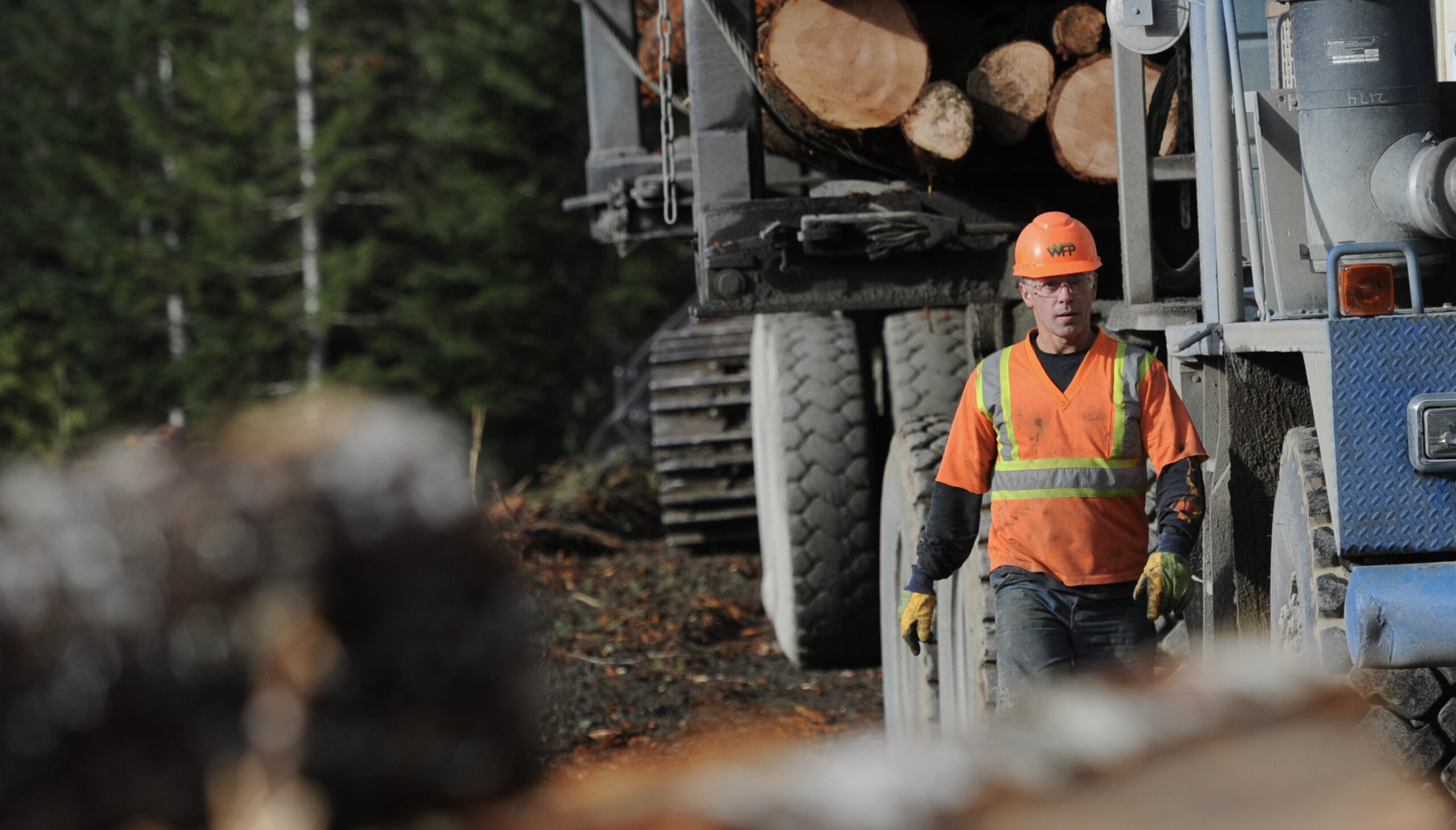Worker in a hard hat and high vis jacket in the forest beside a logging truck.